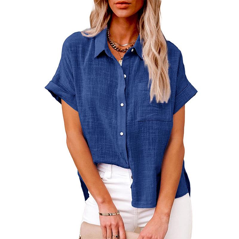 2025 Summer European & American Women's Solid Color Linen Short Sleeve Casual Loose Blouse