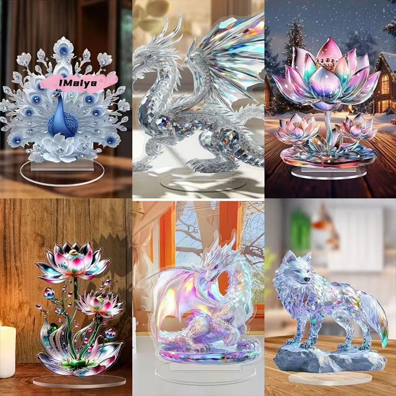 M-2D Acrylic Decor Peacock Figure Peacock Lotus Dragon Wolf Decor For Office Housewarming Gift Home Desktop Decor Lucky Ornament
