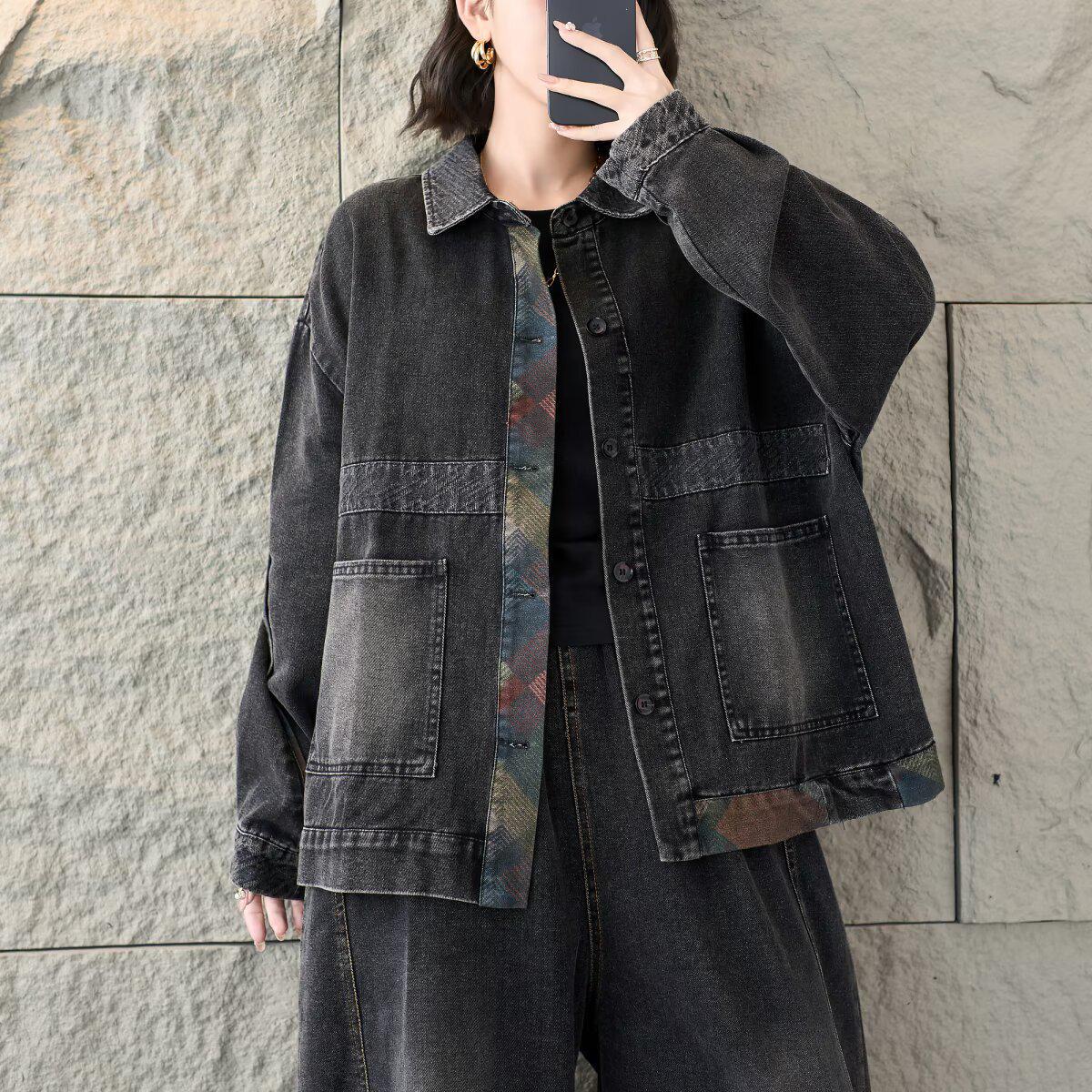 

Women s Plus Size Versatile Long Sleeve Denim Jacket - Spring Collection One Size джинсовий/чорний