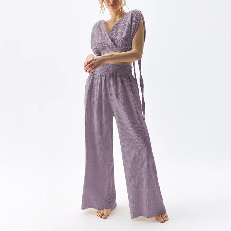 High-Waisted Wide-Leg Cotton Gauze Trousers with Loose Edge Design for Women