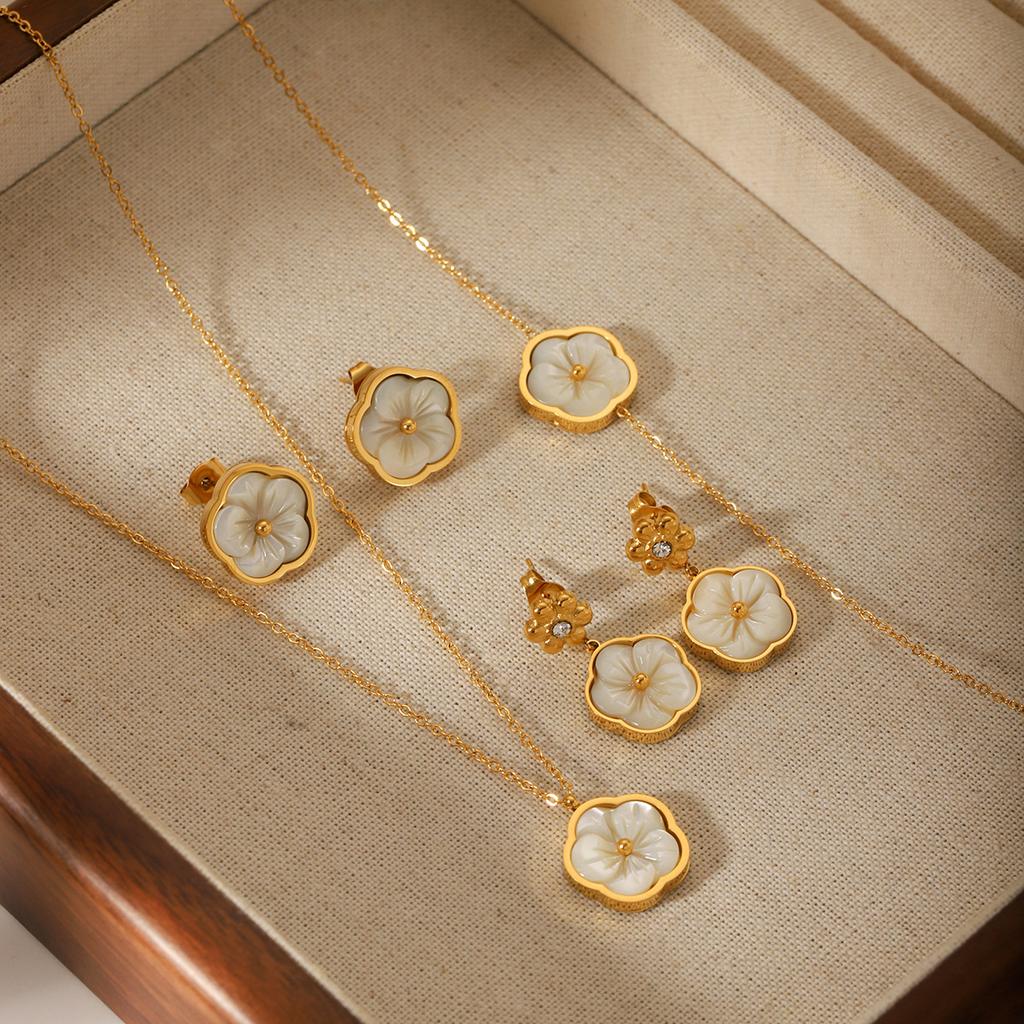 Light Luxury High-end Zircon Flower Earrings with Mother-of-Pearl Petal Pendant, Women's Necklace and Bracelet Set