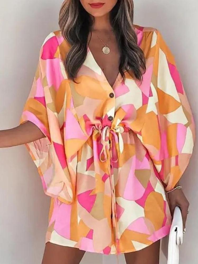 Dámské letní mini šaty volného střihu s výstřihem do V, šněrováním, netopýřími rukávy a potiskem, plážové párty knoflíkové šaty