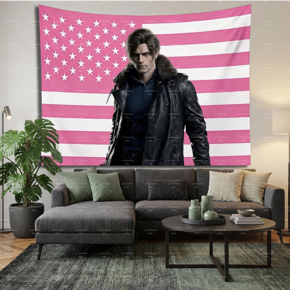 R-Resident Evil Leon K-Kennedy Pink US Flag Large Tapestry, Large Wall Tapestry for Bedroom Dorm, RE4 Fan Decor
