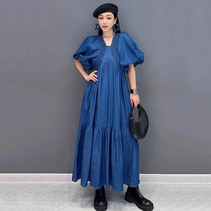 Xitao Pleated Patchwork Loose Denim Dress ZMY1278