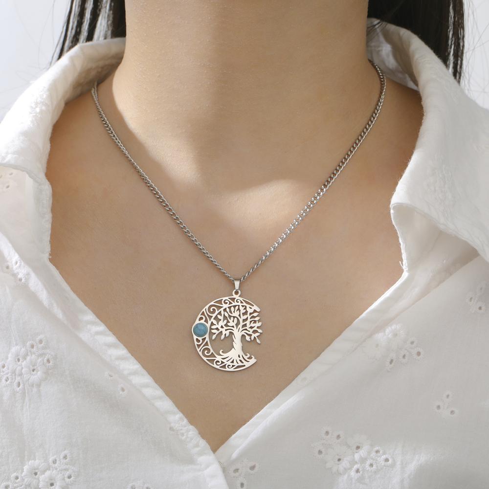 Dawapara Vintage Turquoise Crescent Moon Tree of Life Necklace Filigree Celtics Moon Wiccan Pendant Stainless Steel Jewelry