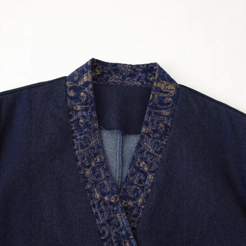 Womens Trendy Jacquard Denim Kimono Jacket Street Style Loose Fit V-Neck Tie Front Outerwear
