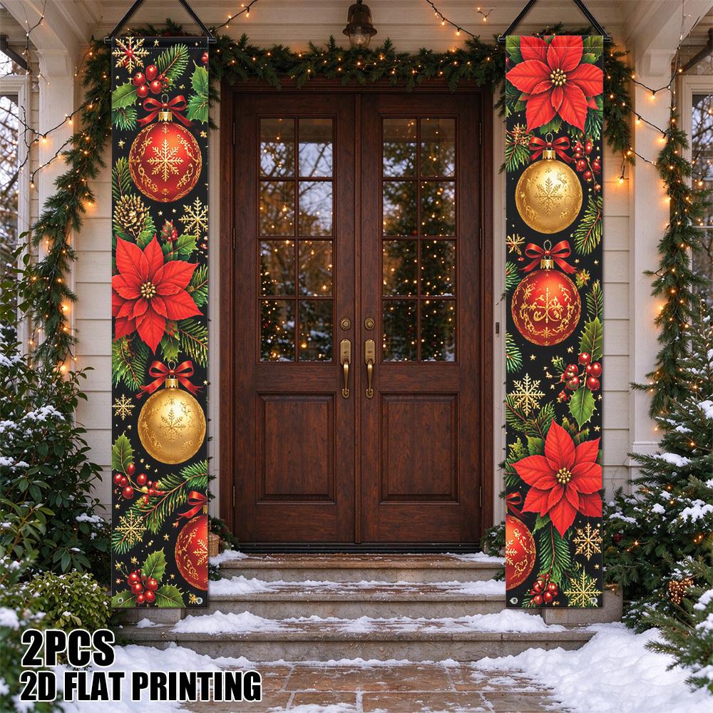 2D Flat, 2D Flat - 2D Flat, 2D Flat - 2D Flat Printing 2pcs Christmas Ornaments Holly Berries Porch Banner, Porch Signs for Indoor Outdoor Entryway Wa
