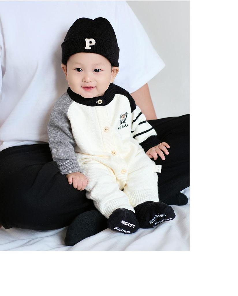 Strick-Strampler im koreanischen Stil: Modischer Langarm-Baby-Krabbelanzug für Frühlings- und Herbstausflüge