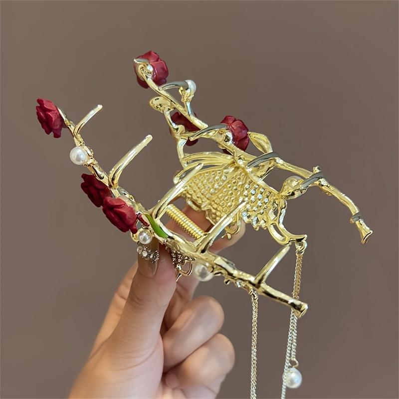 Delicate Long Faux Pearl Tassel Hair Claw, Butterfly Rhinestone Vintage Claw Clip, Women Girls Princess Style Hair Accessories