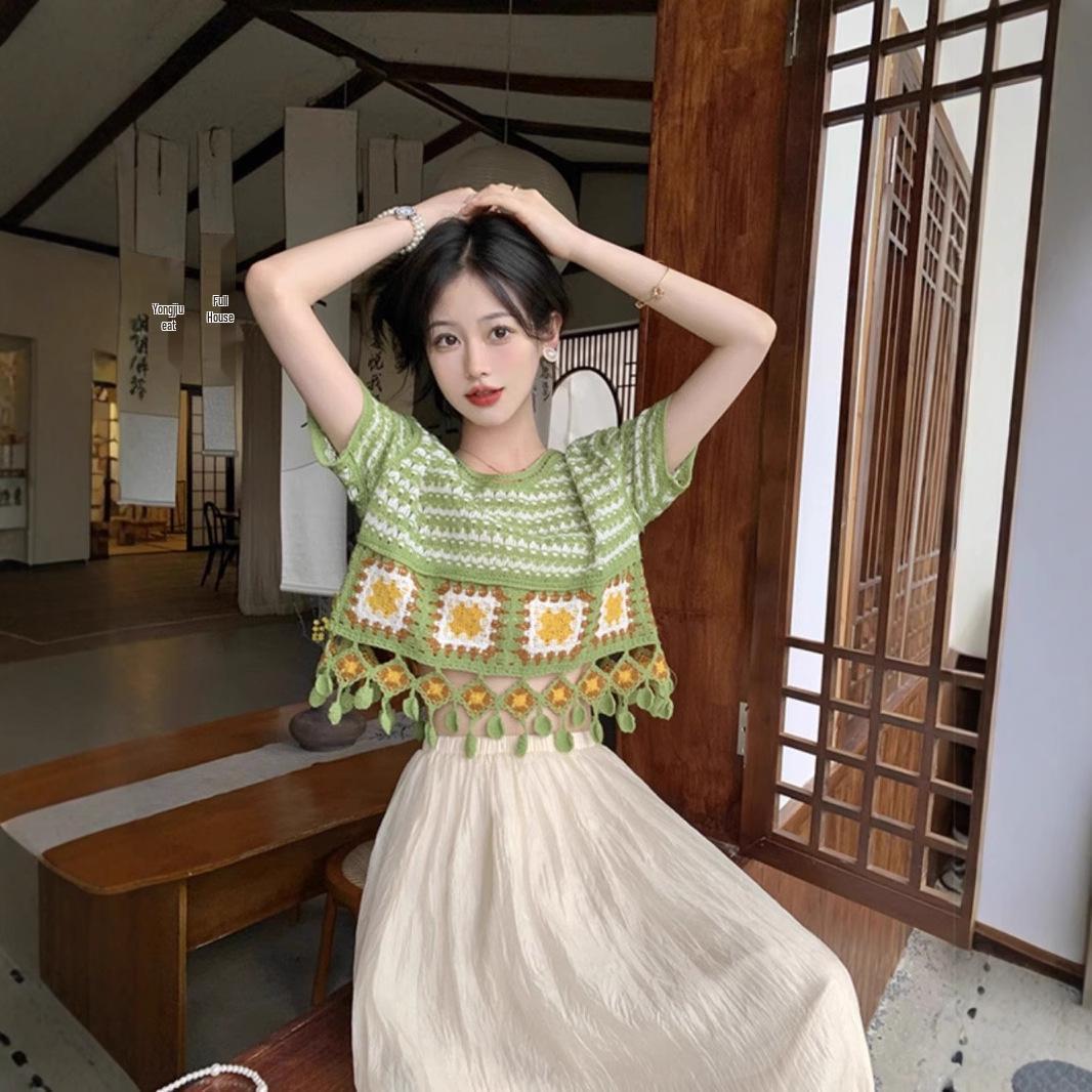 

Шикарный зеленый ретро этнический топ с кисточками, вязаный, с коротким рукавом, летний One Size [Recommended for up to 125 lbs]