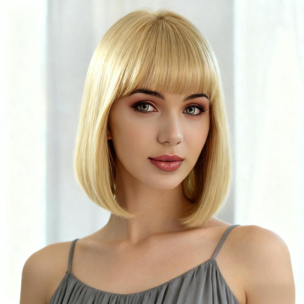 Synthetische kurze schwarzbraune blonde Perücken mit Pony für Damen, natürliche orange, pink, grau, gelbe Wellenhaare für tägliches Cosplay, Hochtemperaturfaser