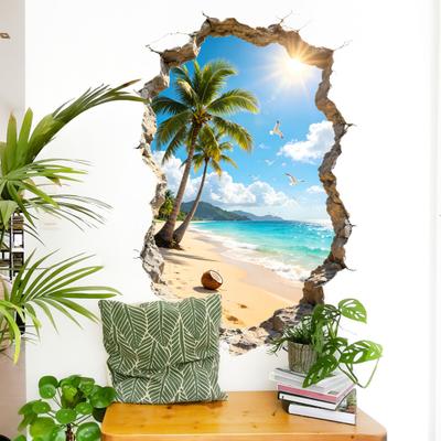 3D Broken Wall Ocean View Sticker, Coconut Tree Beach Decorative Decal, Waterproof Peel-And-Stick Wall Art for Living Room, Bedroom, Office