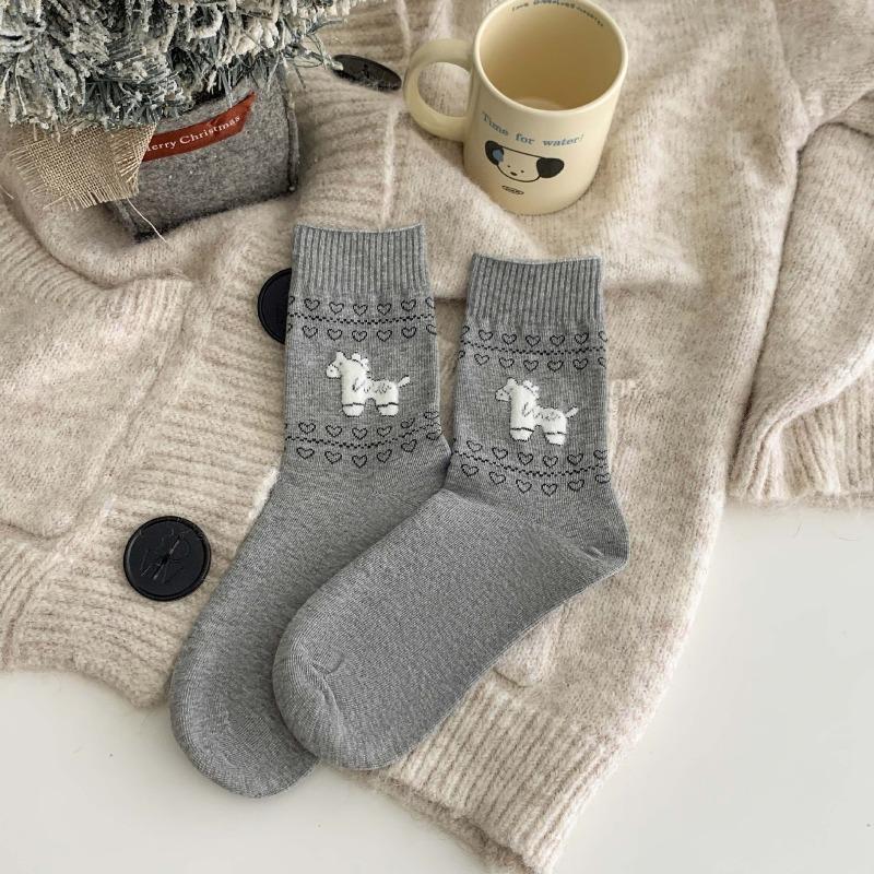 Spring and Autumn Children's Cartoon Felted Dog Girls' Socks Season Cotton Socks College Style Mid-Calf Socks