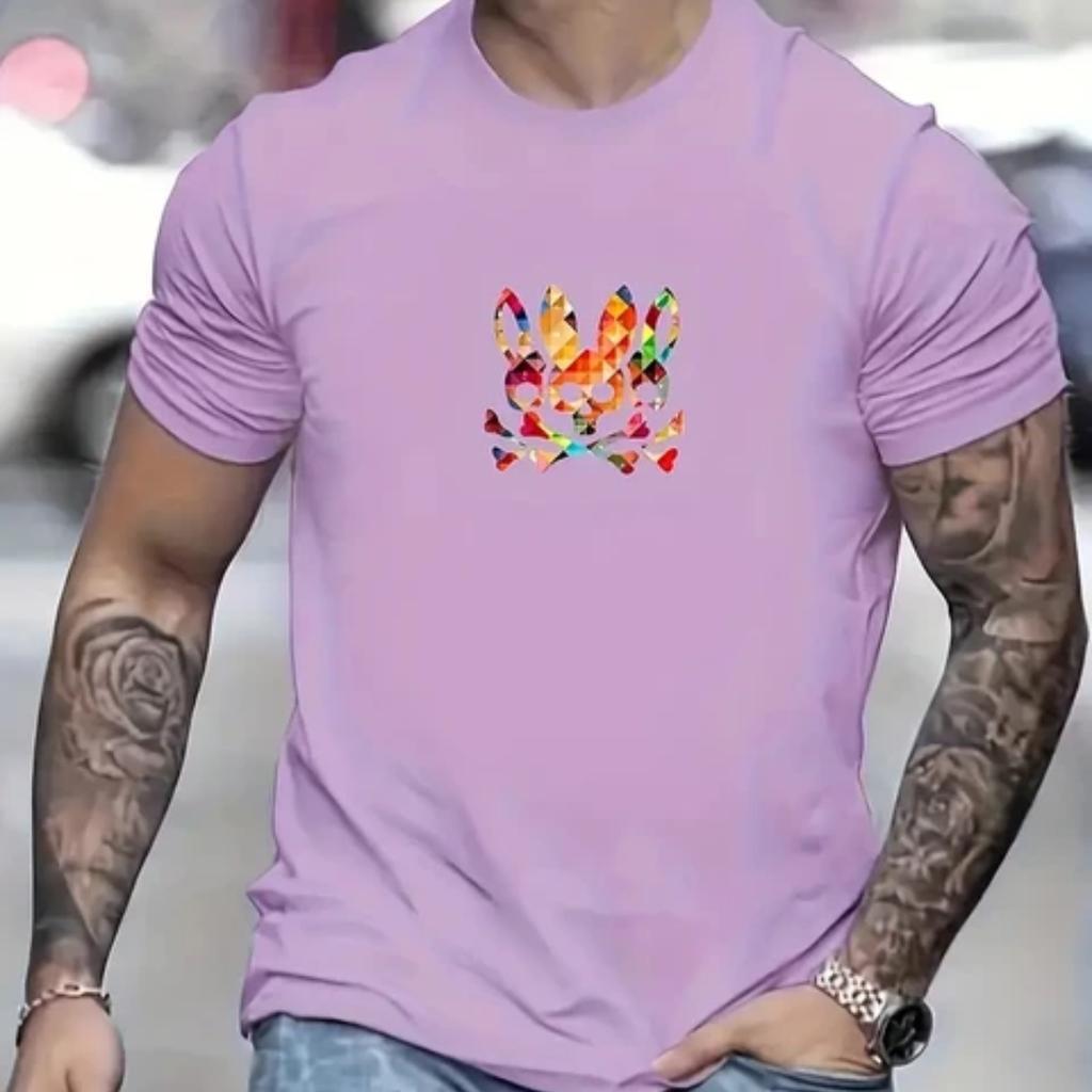 Men's colorful rabbit logo printed T-shirt, hip-hop trend Harajuku street clothing, round neck short sleeved casual top,