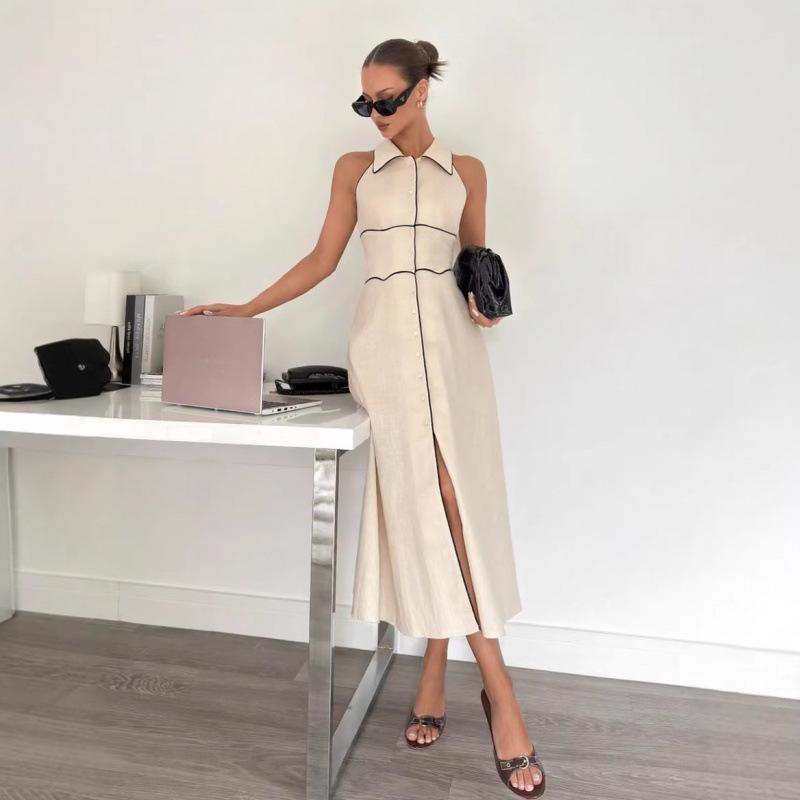 Europe, America 2026 summer new fashion temperament women s shirt collar sleeveless contrasting color dress women XS