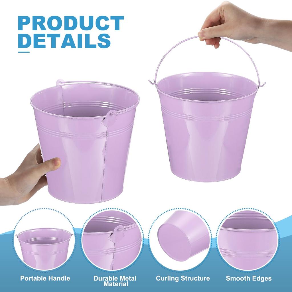 PATIKIL Small Metal Buckets with 6 Mini Buckets for Party Purple 7"x6.4" Handles, Crafts, Favors, Decorations, Green/Yellow/Orange/Blue/Light