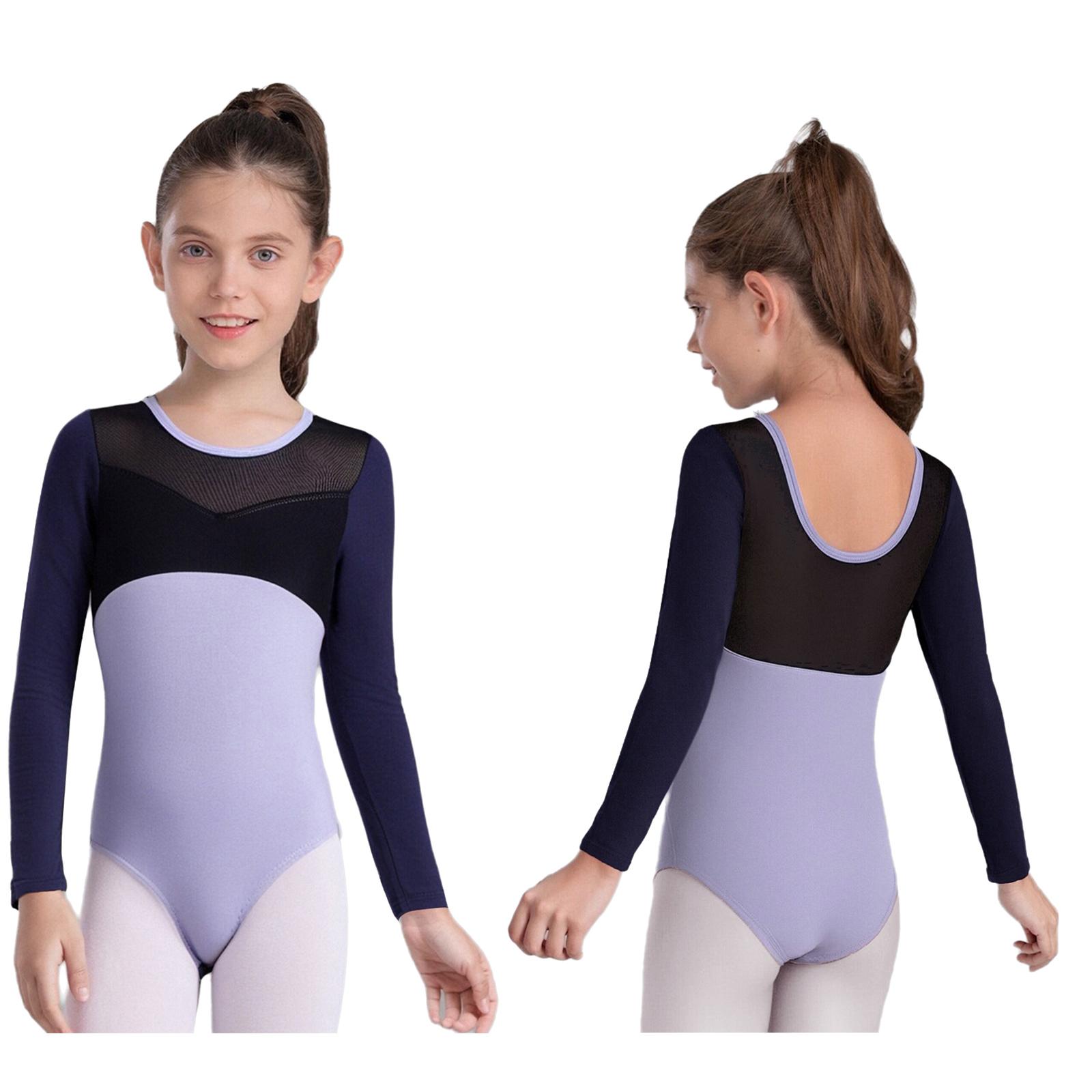 Kids Girls Stretchy Patchwork Ballet Gymnastics Warm-up Dance Performance Leotard Long Sleeves Practice Ballet Dance Outfits 110