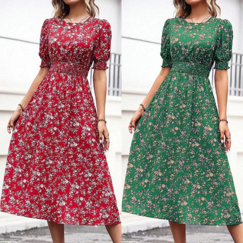 Women's Summer Crew-neck Broken Flower Bouquet Waist Swing Print Short-sleeved Dress
