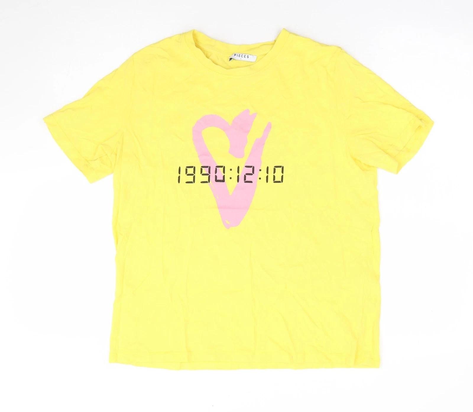 

Pieces Womens Yellow 100% Cotton Basic T-Shirt Size L Crew Neck M