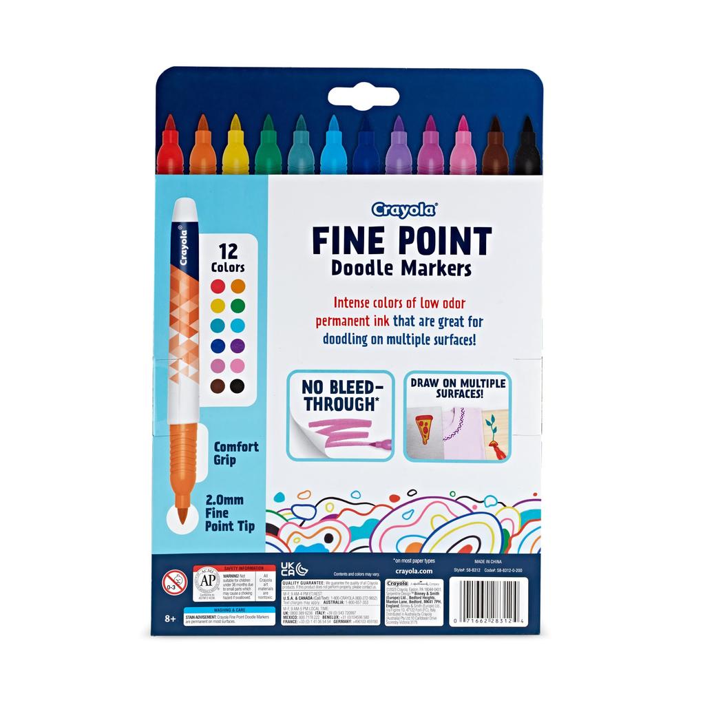 Crayola Finepoint Doodle 12 Fine 588312 Markers, Colors, Tip, Oil-Based Pens, (Authentic Product)