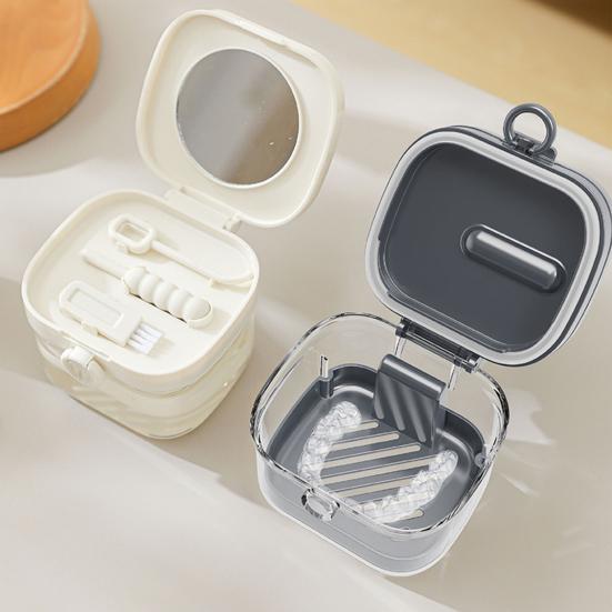 Retainer Case Transparent Denture Bath Box with Strainer Basket Mouth Guard Case Travel Braces Container for Soaking Cleaning Storage