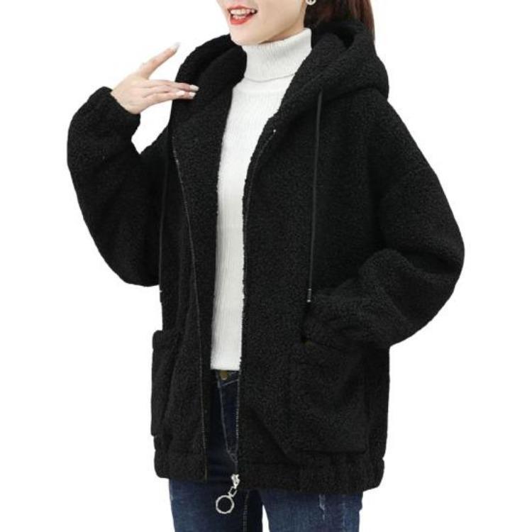 

Windproof Winter Hoodie Fleece Jacket for Women Thick Outerwear Cardigan with Drawstring Hood Full Sleeves Zipper Closure M