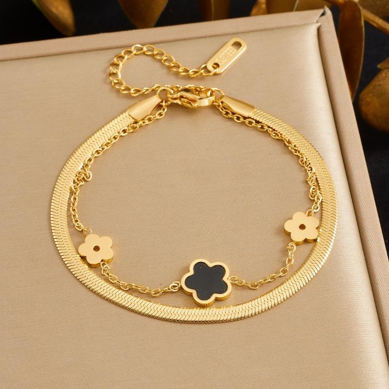 Gold Plated Double Layer Flower Bracelet, Stainless Steel Herringbone Chain Wrist Jewelry, Waterproof Dainty Bracelet for Women Gift