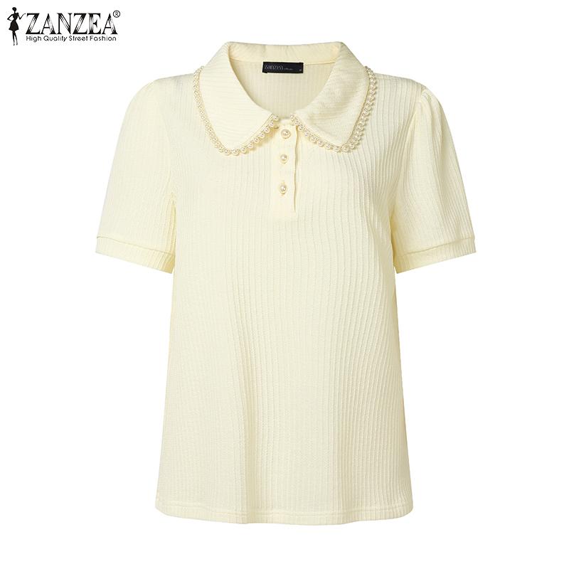 

ZANZEA Женские повседневные топы-блузки с лацканами, короткими рукавами, текстурой с бисером 5XL абрикосовый