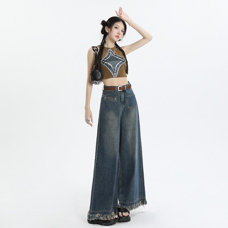 

Ретро джинсы большого размера с широкими штанинами для женщин - Высокая талия, Свободный крой, Отделка бахромой, Необработанный край, Прямые штанины, Брюки длиной до пола S