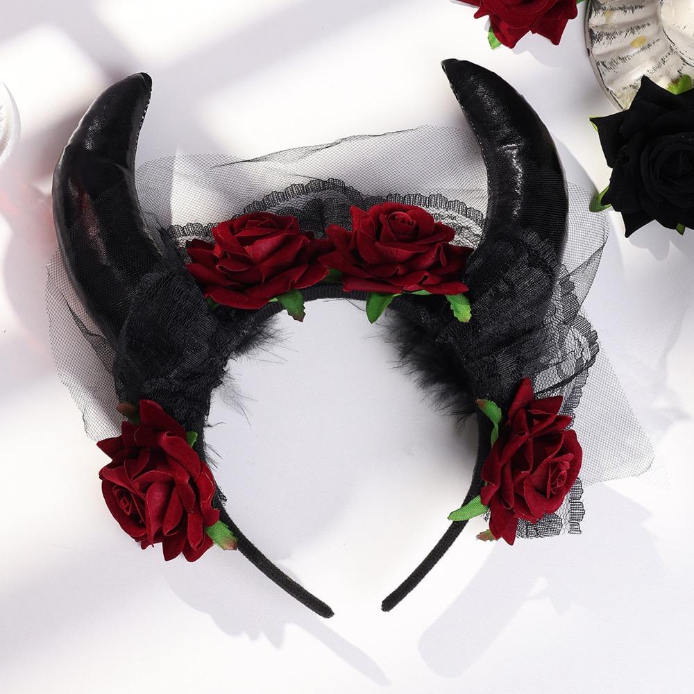 Lace Trim Halloween Cow Horns Headband Flowers Design Red Rose Headband  Women's Accessories