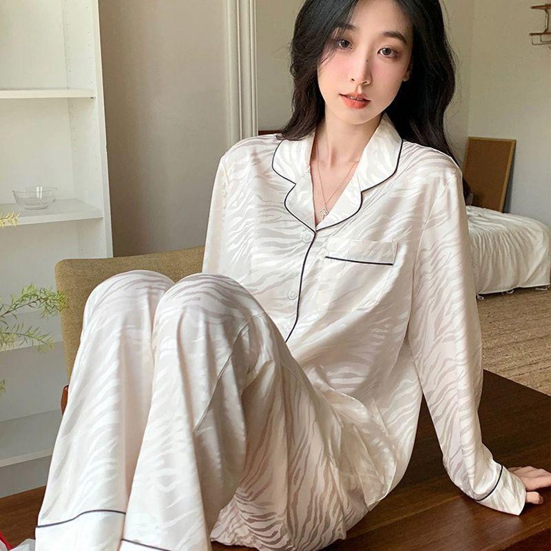 "Jarní luxusní pár pyžamový set z ledového hedvábí - top s dlouhým rukávem a žakárové kalhoty"