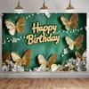 2D Green Velvet Gold Butterfly Happy Birthday Backdrop for Women Party Photo Booth Background