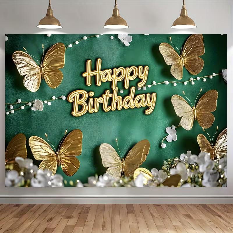 

2D Green Velvet Gold Butterfly Happy Birthday Backdrop for Women Party Photo Booth Background 47.2x31.5inch/120*80cm