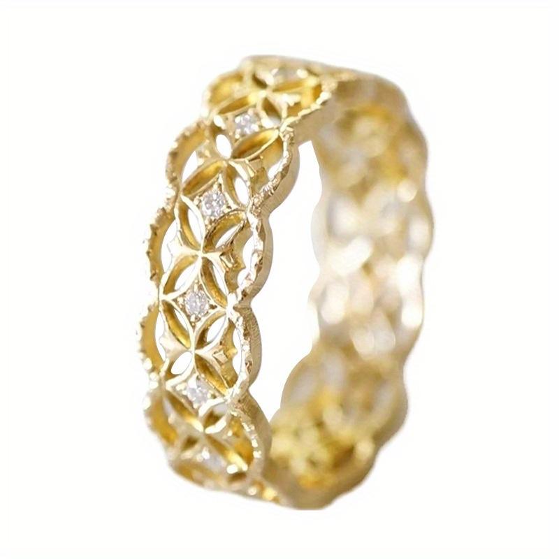 1Pc Fashionable Retro Design Geometric Pattern Ring, Court Style Hollow Handmade Crown Flower Ring