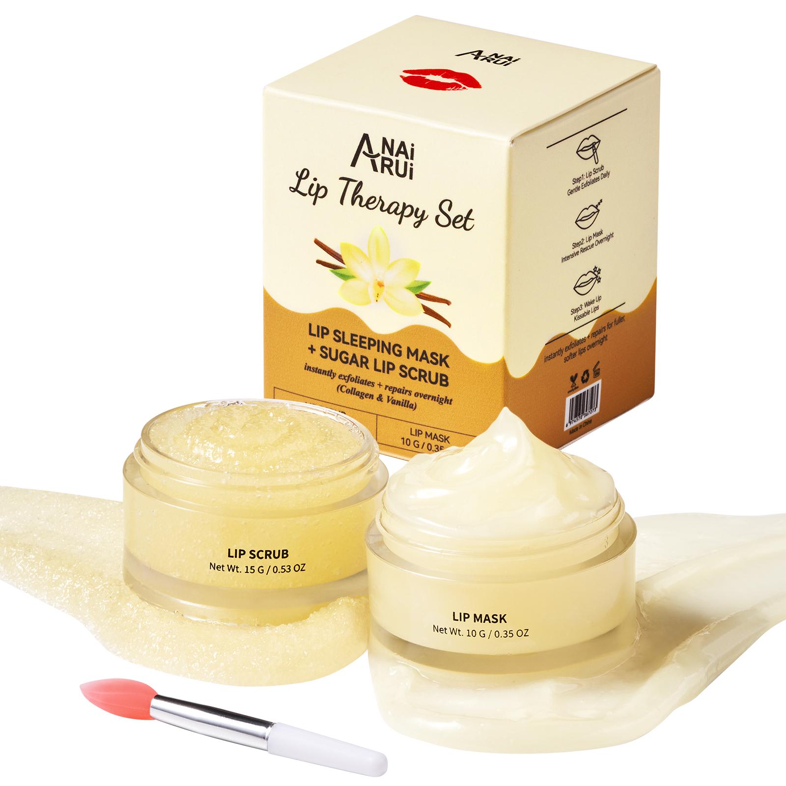 ANAiRUi Vanilla & Collagen Lip Scrub & Lip Mask Set, Overnight Moisturizing Exfoliating Lip Treatment for Dry Chapped Dark Lips 30g