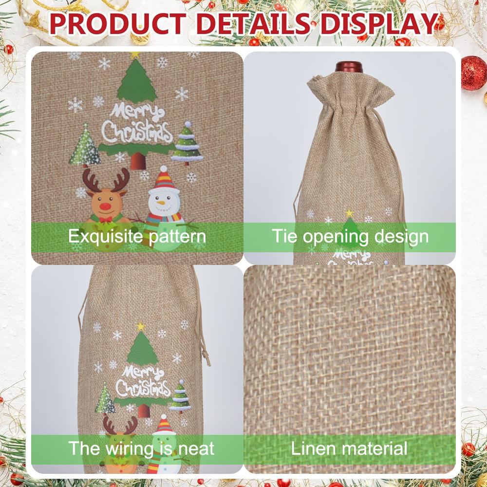 3/6pcs Christmas Wine Bottle Gift Bags Cover with Drawstring Burlap Linen Wine Gift Bags for Xmas Party Decorations