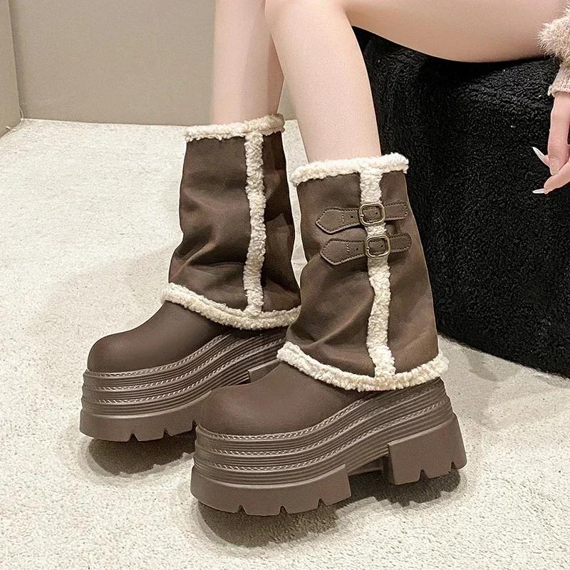 10CM Thick Heels Motorcycle Boots Women High Platform Leather Snow Sneakers Winter Warm Fur Mid-calf Boots Plush Short Punk Boot
