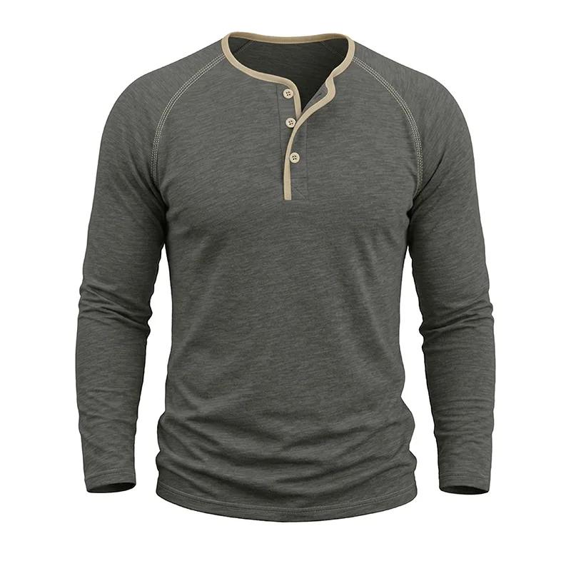 Spring Autumn Men's Cotton Henry Collar T-Shirts American Style Fashion Smart Casual Tees Tops Men Patchwork Breathable Tshirt