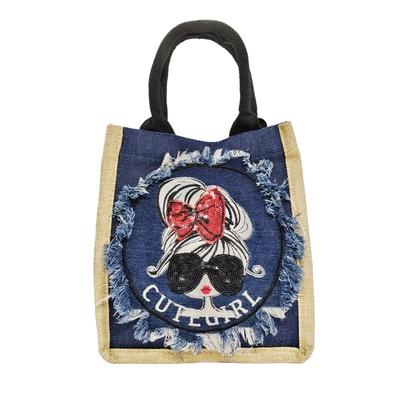 DIVA Rose Jute Bag for Women, Stylish Linen Tote Bag, Basket Bag, Summer, Small, Lightweight Handbag, Tote Bag, Girl's Jute (Indigo Blue)