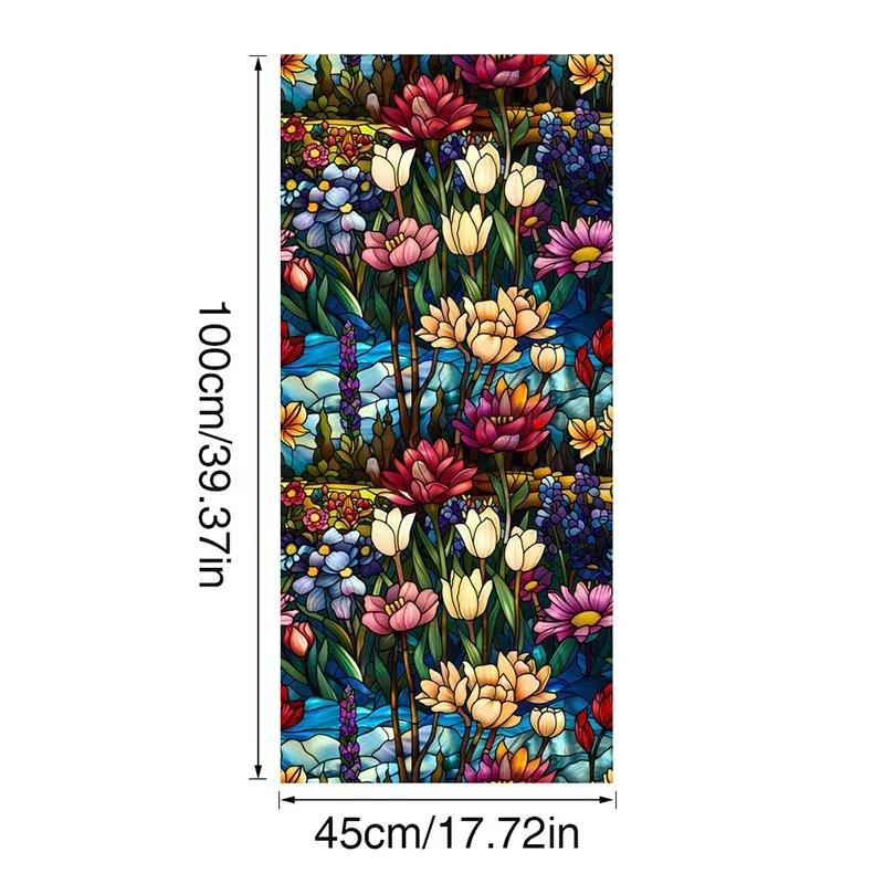 45x100cm Colorful Flower Stained Glass Film Static Cling PVC Privacy Window Film Home Living Room Office Art Decor