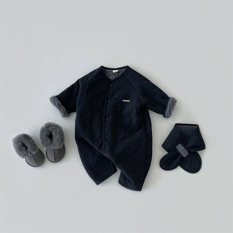Baby Autumn and Winter Clothing 2026 New Style Children s Clothing Korean Style Plush Jumpsuit Infant Autumn and Winter Jumpsuit Navy Blue + Scarf 66 cm