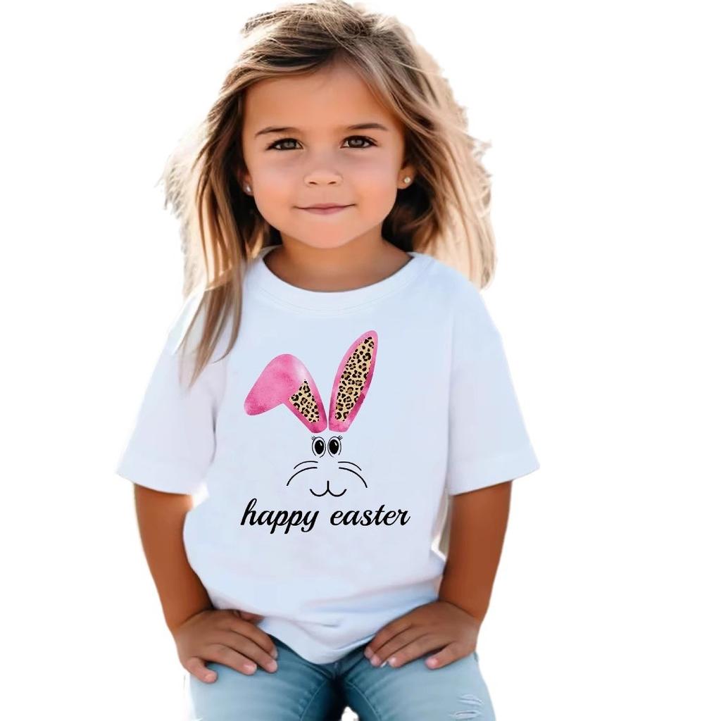 Girls' Casual Easter Bunny Pattern T-shirt for Summer, Children's Fashionable Short-sleeved T-shirt
