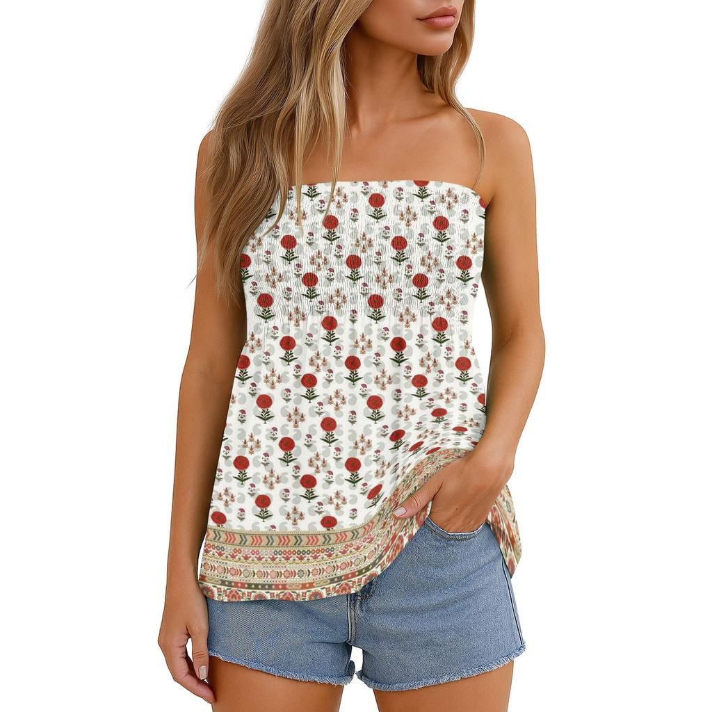 Womens Tops Dressy Casual Sleeveless Blouse Tube Tops For Women,Cute Sexy Off Shoulder Print Sleeveless T-Shirt