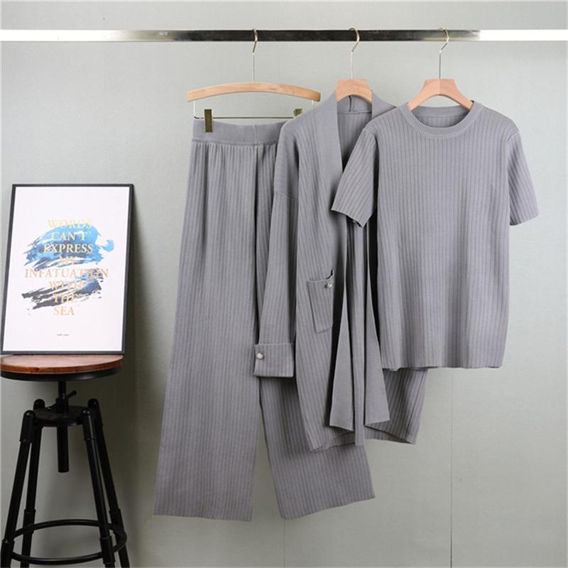 

Темпераментный вязаный комплект Женский осенне-зимний топ Кардиган средней длины Пальто Брюки с широкими штанинами Комплект из 3 предметов Трендовый OneSize серый