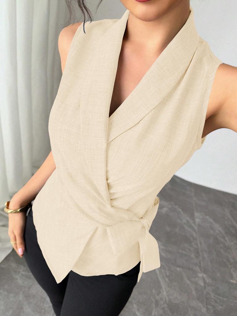 European-American Style Sleeveless Summer 2025 Slim Fit Tie-Up Cardigan Blouse for Women