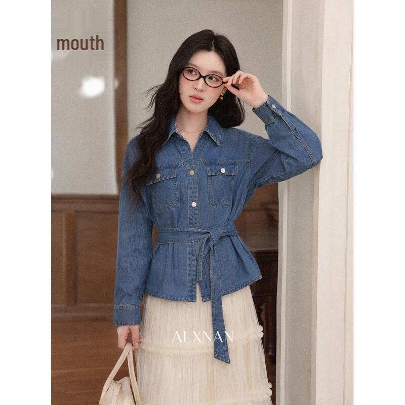 Luxiangnan Women's Retro Denim Blue Belted Shirt