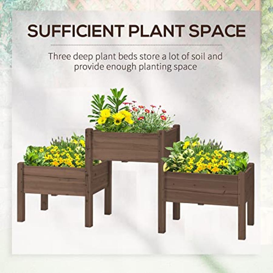 Raised Garden Bed with 3 Planter Box Elevated Wooden Plant Stand with Drainage Holes for Vegetables Herb and Flowers Coffee