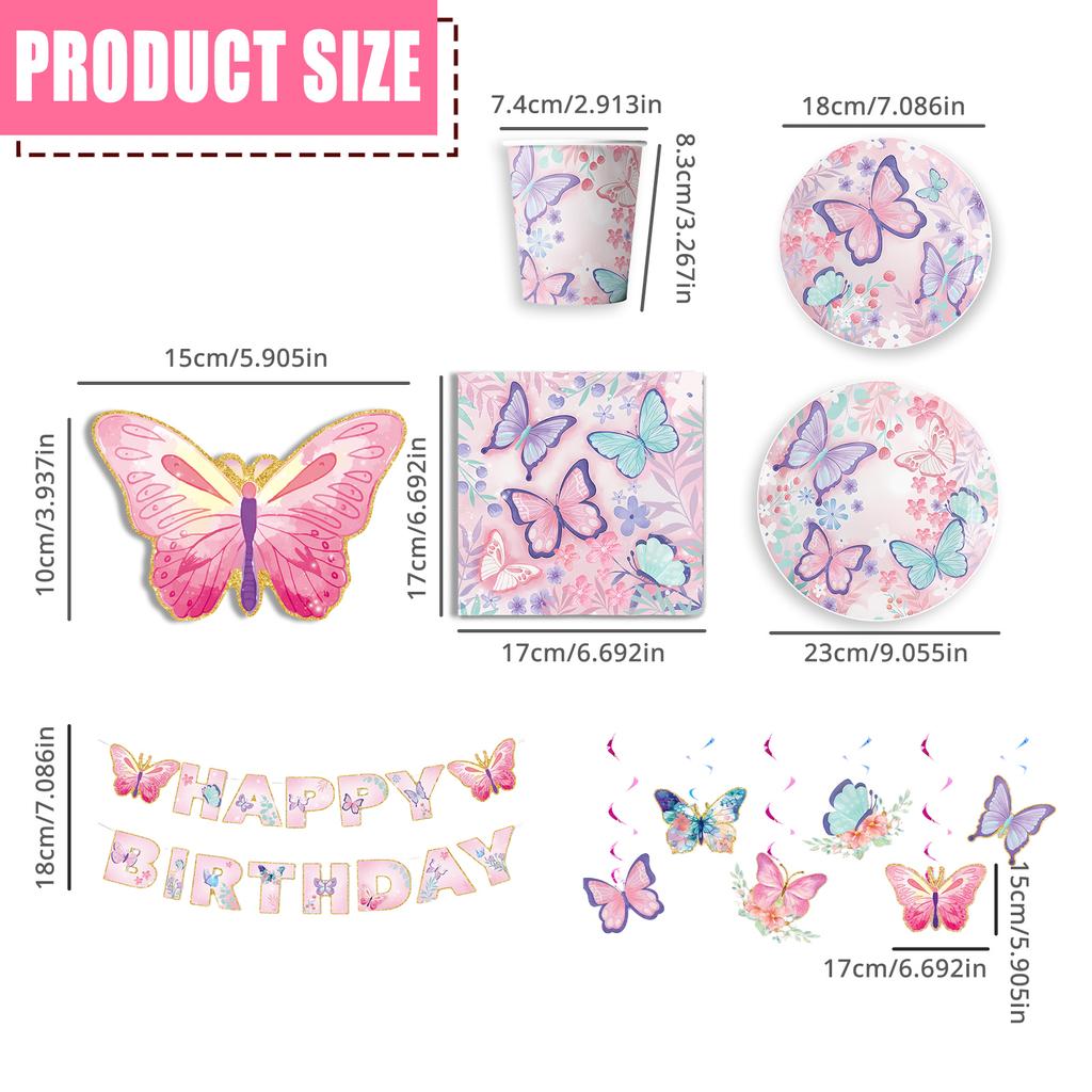 1Set Birthday Party Essential Set Butterfly Theme with Invitation Cards 10in 9in Plates Napkins Paper Cups Optional