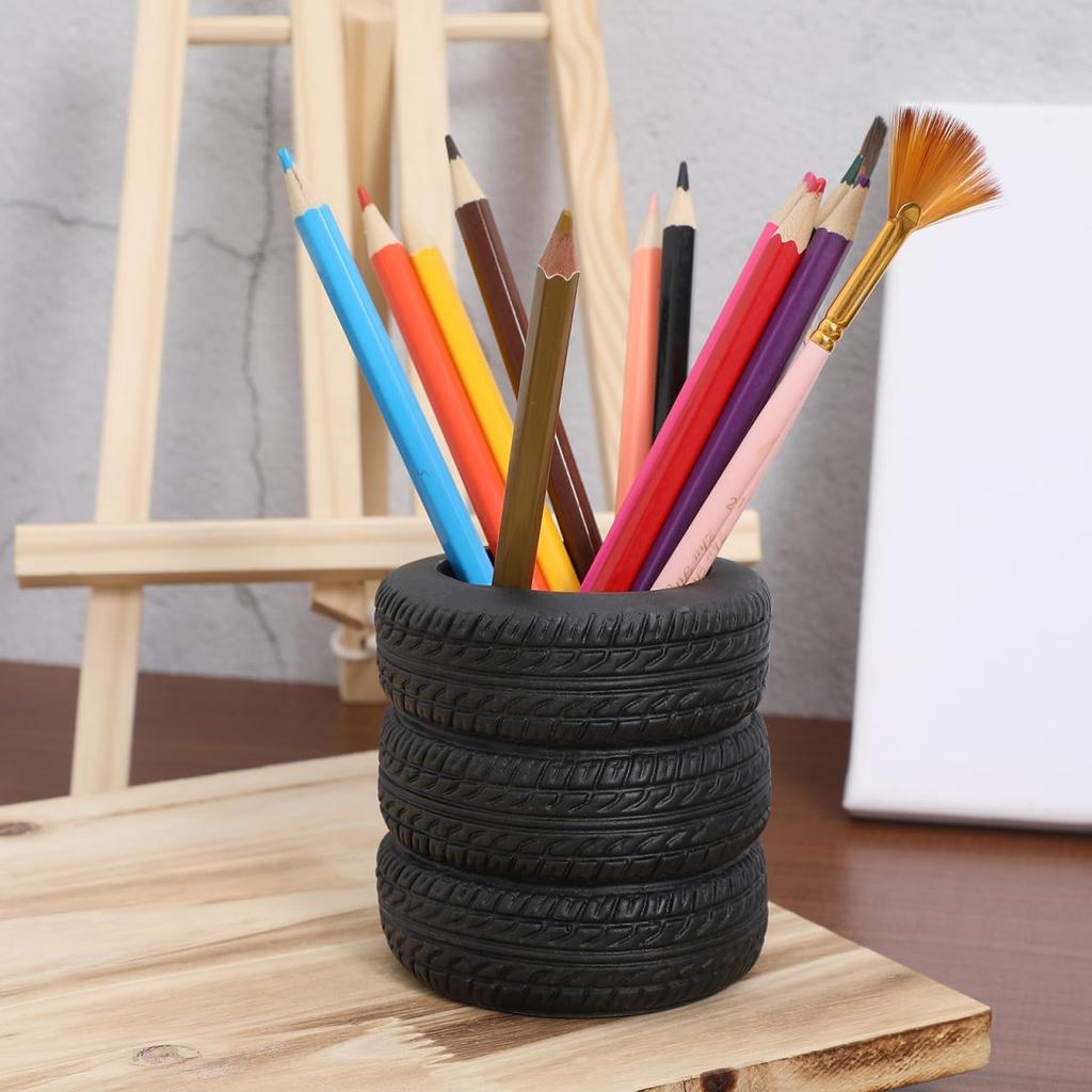 Tire Shaped Pen Holder, Creative Desk Organizer for Office and School, Black Plastic Pencil Holder with Non-Slip Base, Fun Car Tire Design for