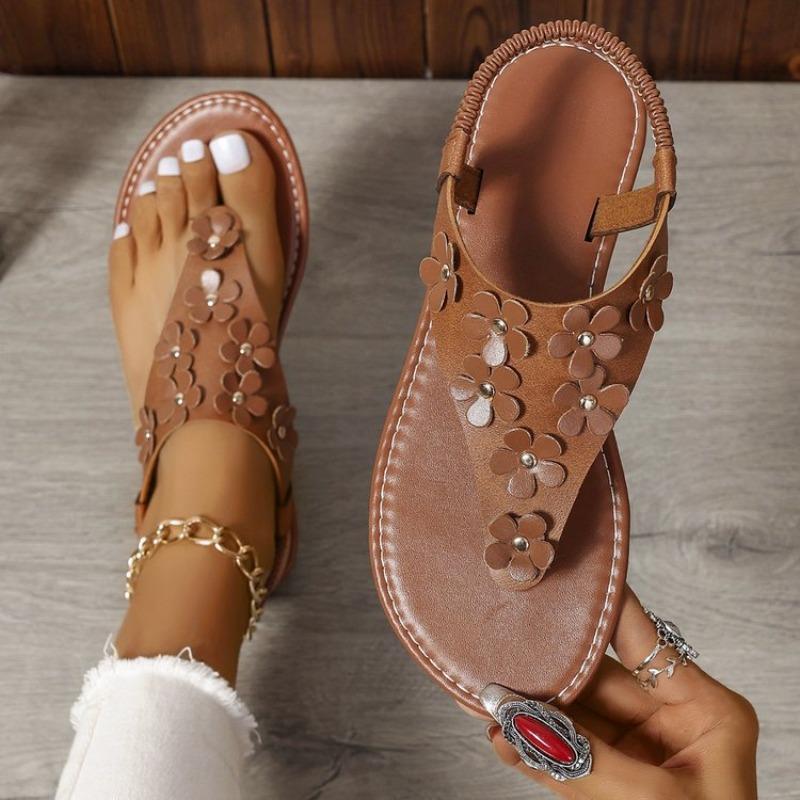 Women's Bohemian Toe Post Flat Sandals, Floral Summer Slip-On Shoes